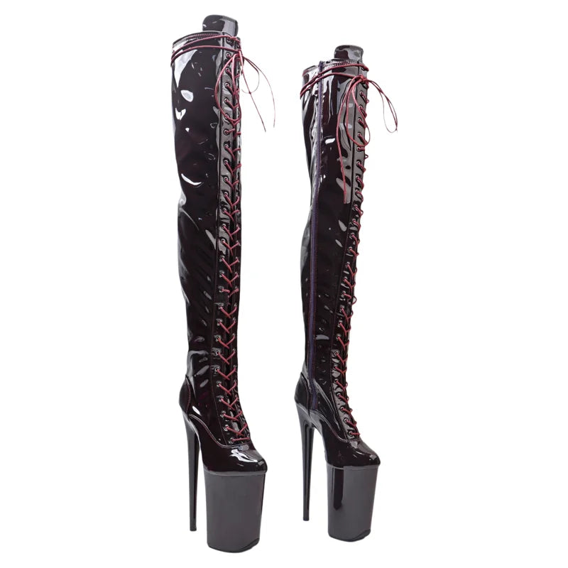9-Inch Patent Thigh-High Boots - Open Toe Platform Dance Boots
