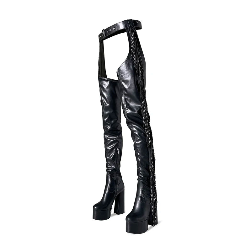 Rhinestone & Tassel Over-the-Knee Platform Boots | 15cm Block Heel | Black