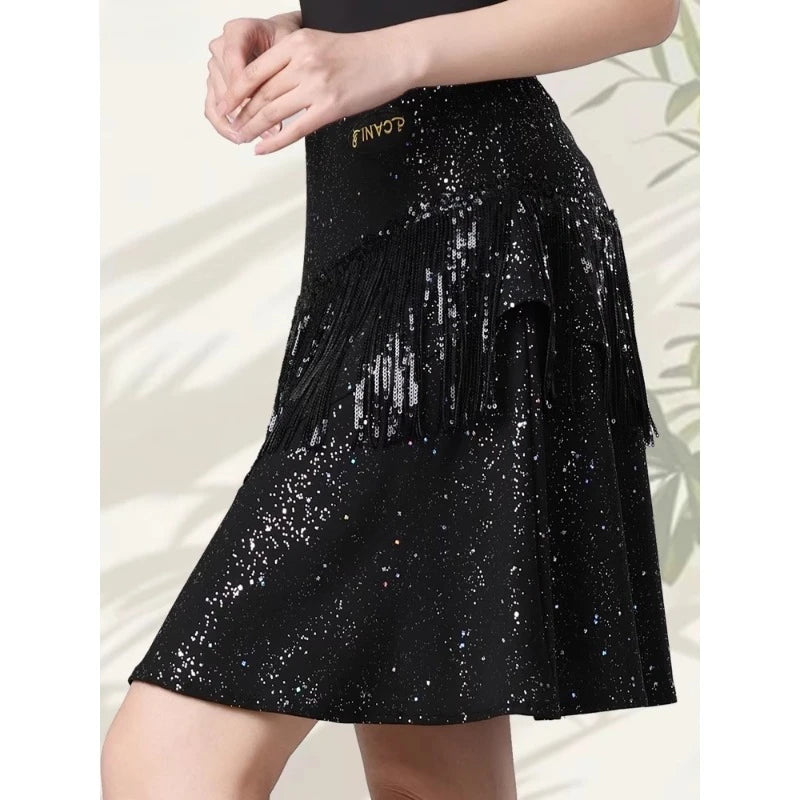 Tiered Ruffle Latin Dance Skirt | Metallic Shimmer | Practice & Performance | Black