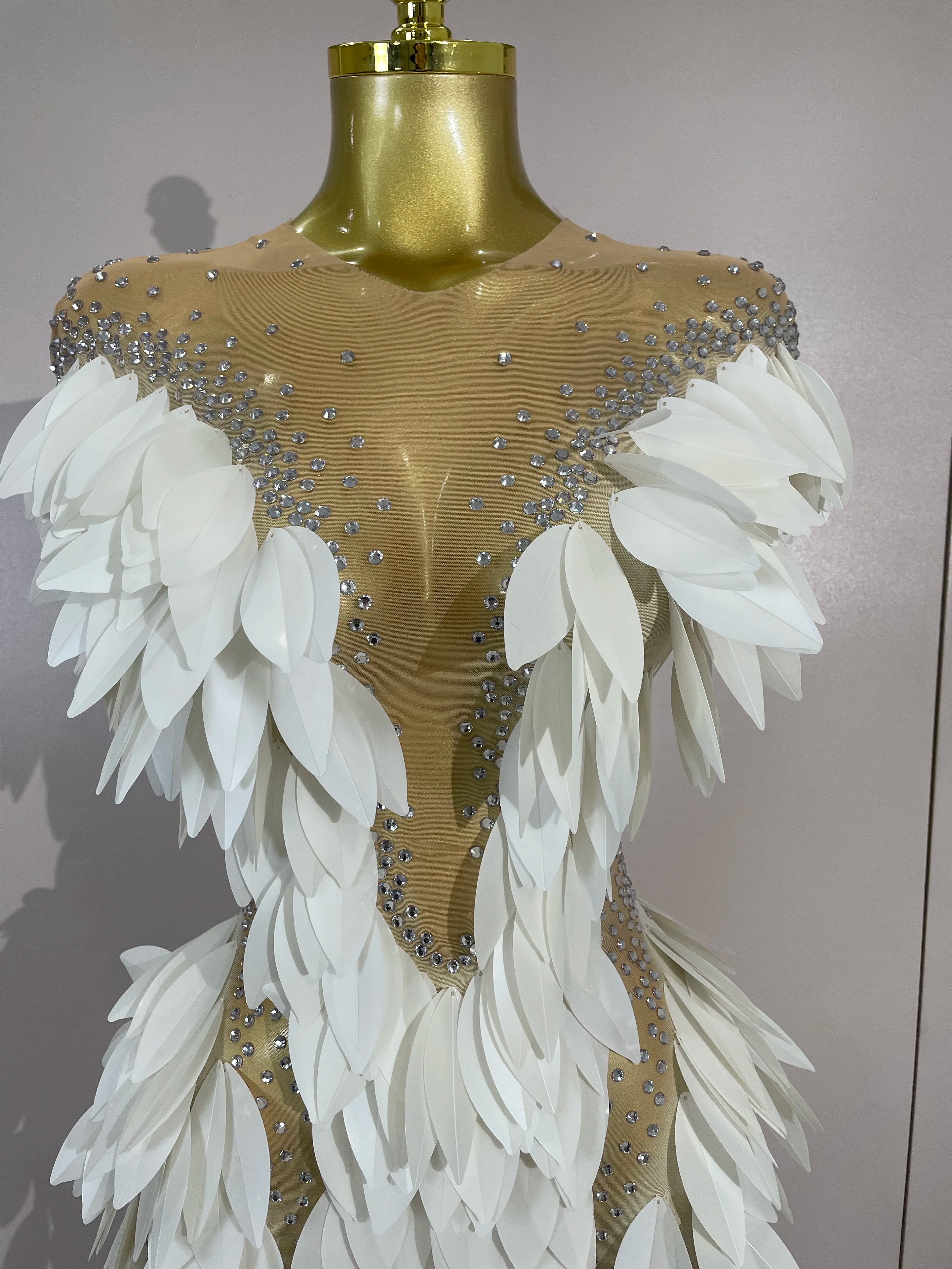 Pearl & Diamond Mesh Feather Gown | Sheer | Stage & Evening