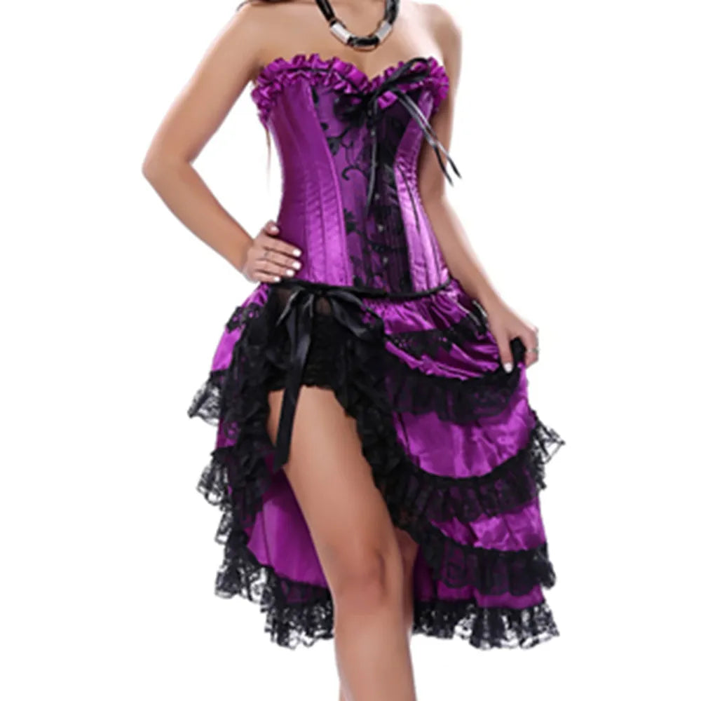 Purple Satin Corset Dress | Black Lace Ruffle Skirt | Plus Size