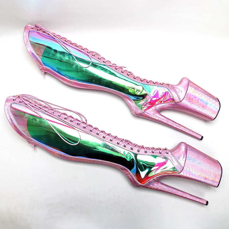 23CM Holographic Platform Pole Dance Boots - Ultra High Heel Snake Print Performance Boots