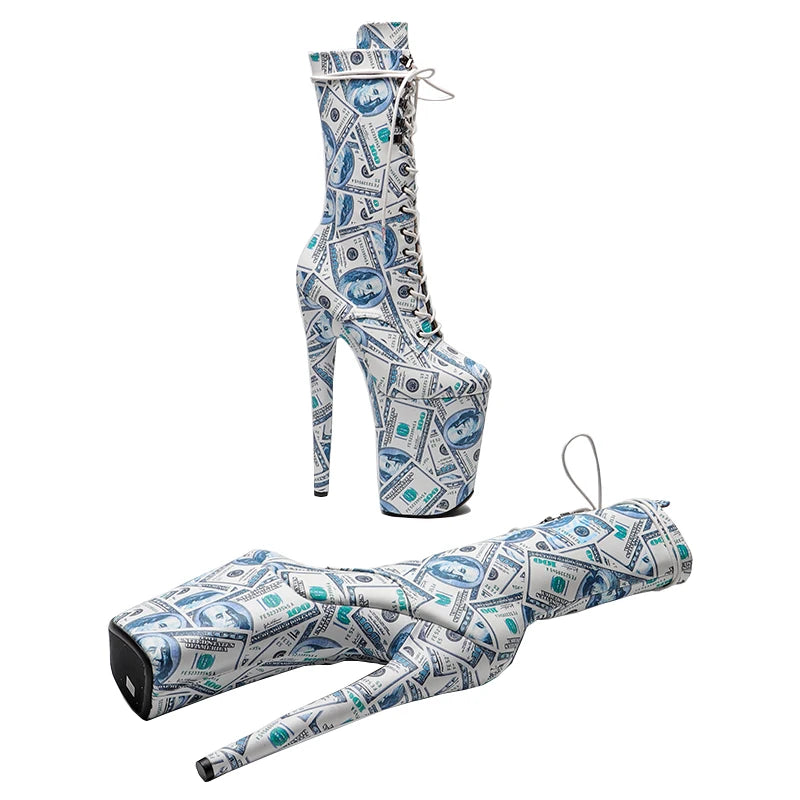 23CM Platform Ankle Boots - Dollar Print High Heel Pole Dance Boots