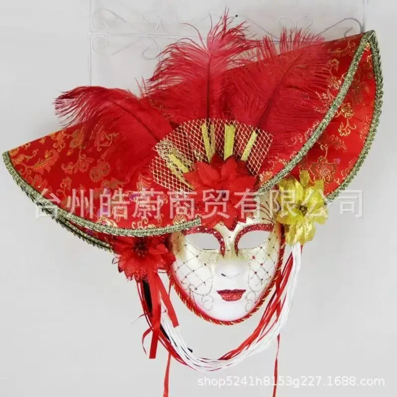 Venetian Hat Mask | Full Face & Feather Trim | Black & Red