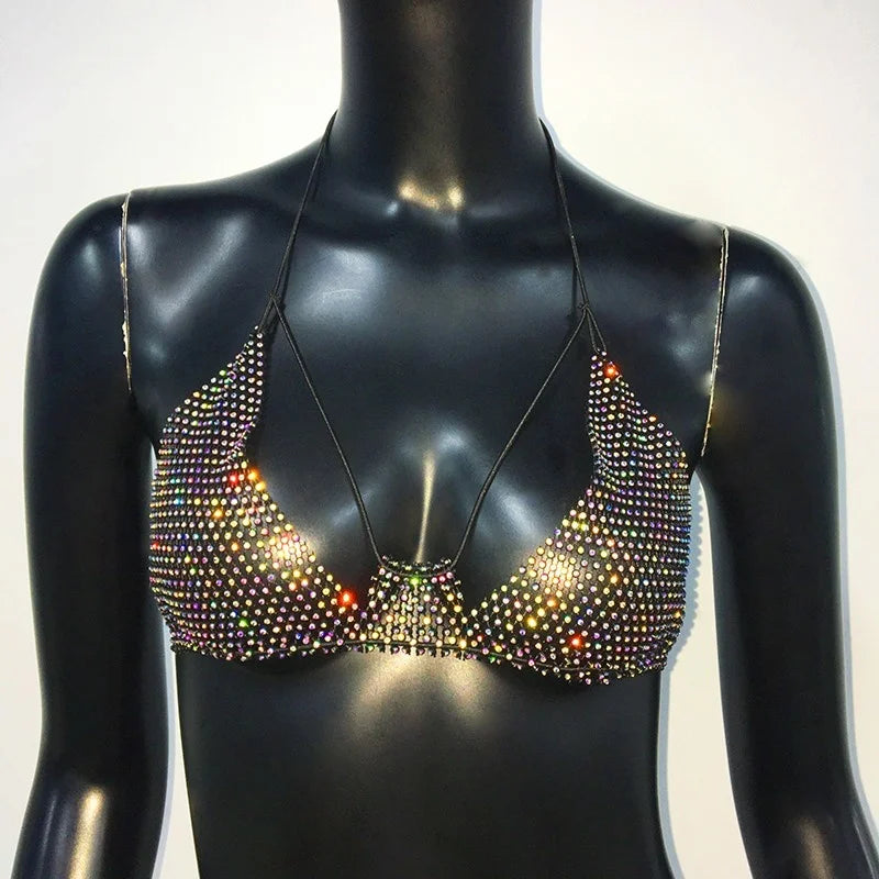 Fishnet Mesh Bikini Top - Backless Deep V-Neck Crop Top