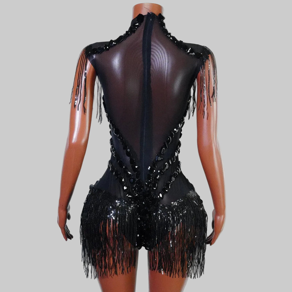 Sexy Mesh Sheer Black Rhinestone Bodysuit