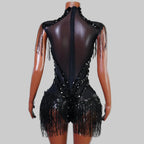 Sexy Mesh Sheer Black Rhinestone Bodysuit