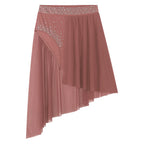 Rhinestone Mesh Dance Skirt | Asymmetric Hem | Built-In Briefs