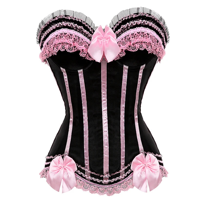 Striped Brocade Overbust Corset Top | Lace Trim & Bow | 10 Colours | S–6XL