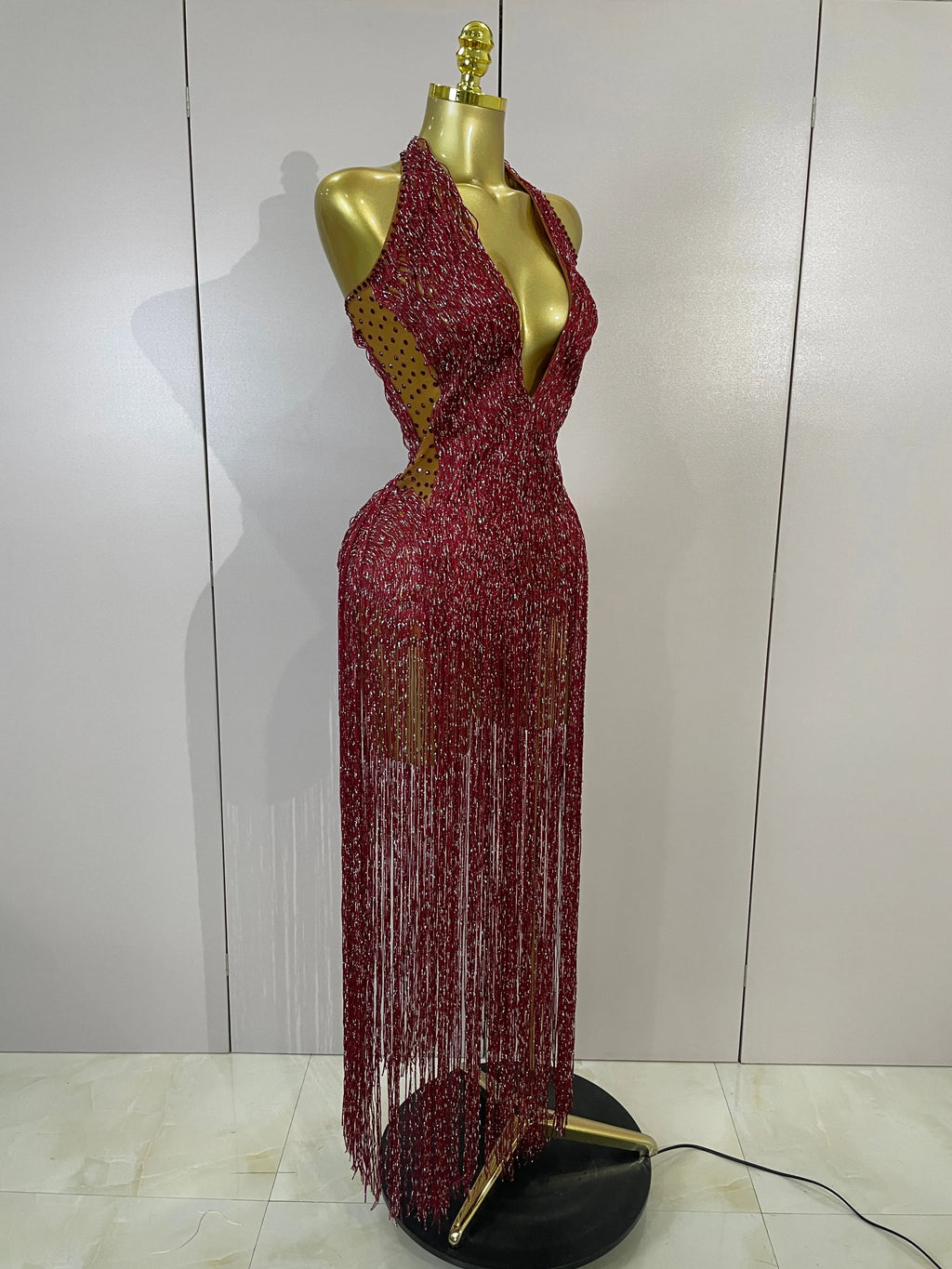 Rhinestone Fringe Halter Gown | Deep V | Burgundy