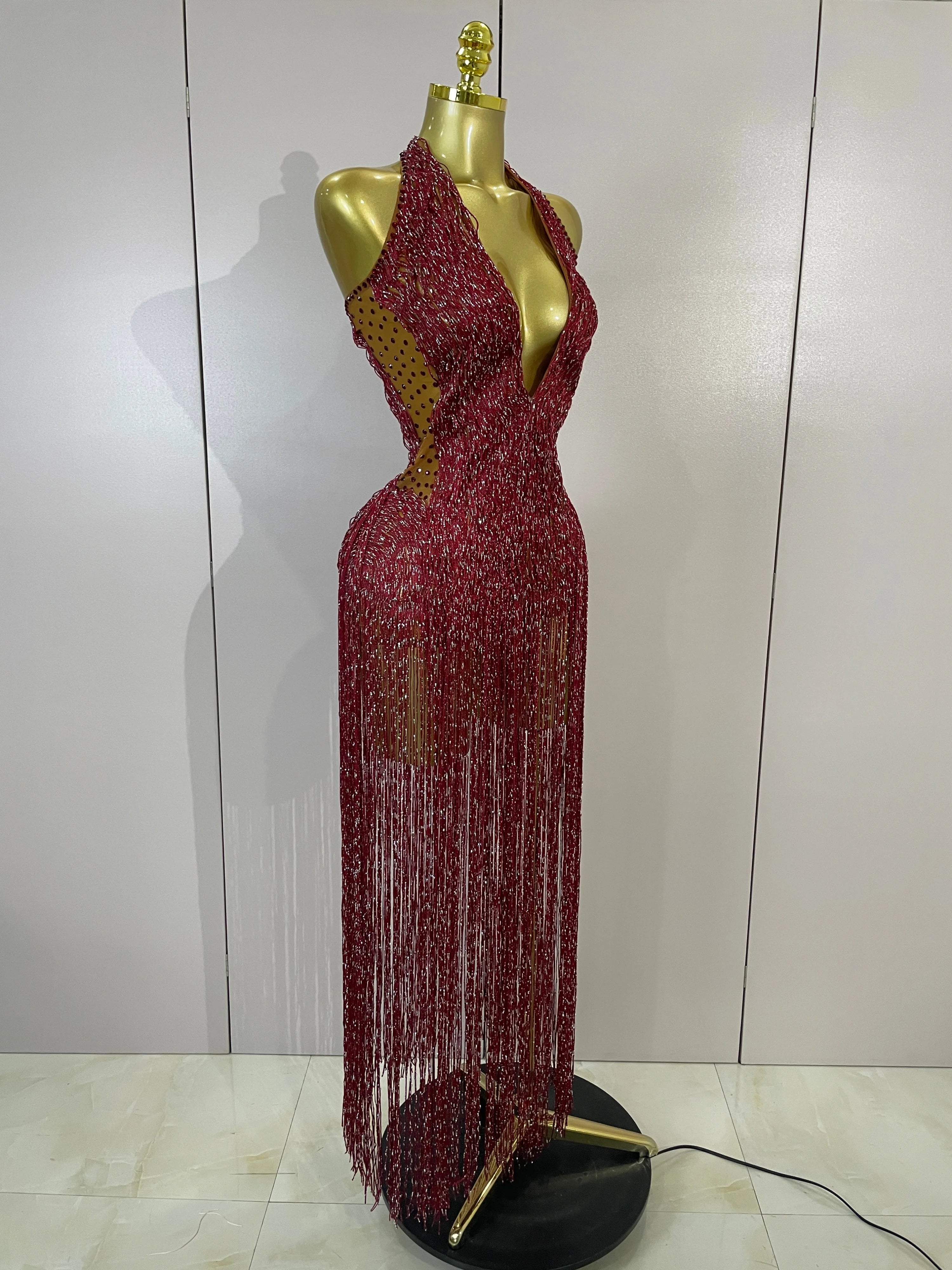 Rhinestone Fringe Halter Gown | Deep V | Burgundy