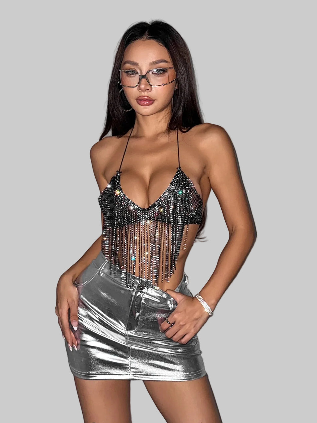 Rhinestone Tassel Bandage Halter Crop Top - Backless Tank