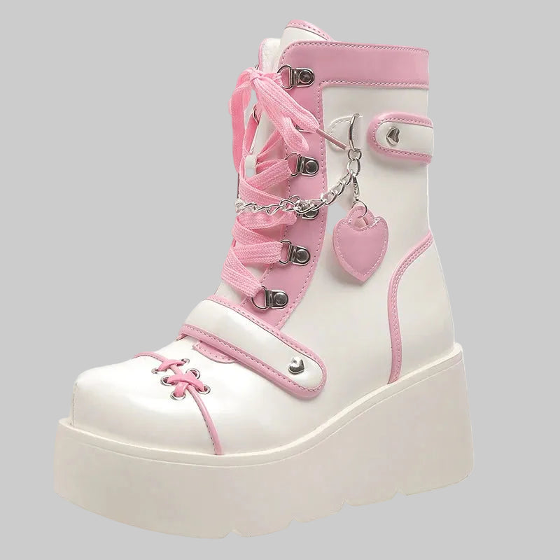 Chunky Platform Ankle Boots - Punk Wedge Heel Boots with Buckle Detail