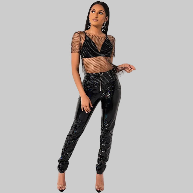 Rhinestone Mesh Long Sleeve Top - Sheer Fishnet Party Shirt