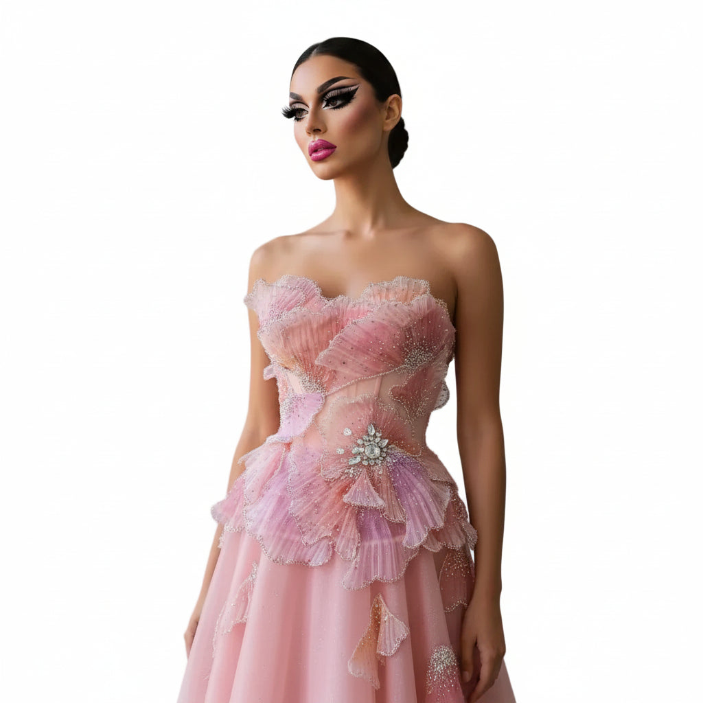 3D Floral Crystal Gown | Strapless Draped Tulle | Pink