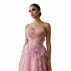 3D Floral Crystal Gown | Strapless Draped Tulle | Pink
