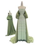 Sage Green & Champagne Beaded Mermaid Pageant Gown | Cape | Short Sleeve