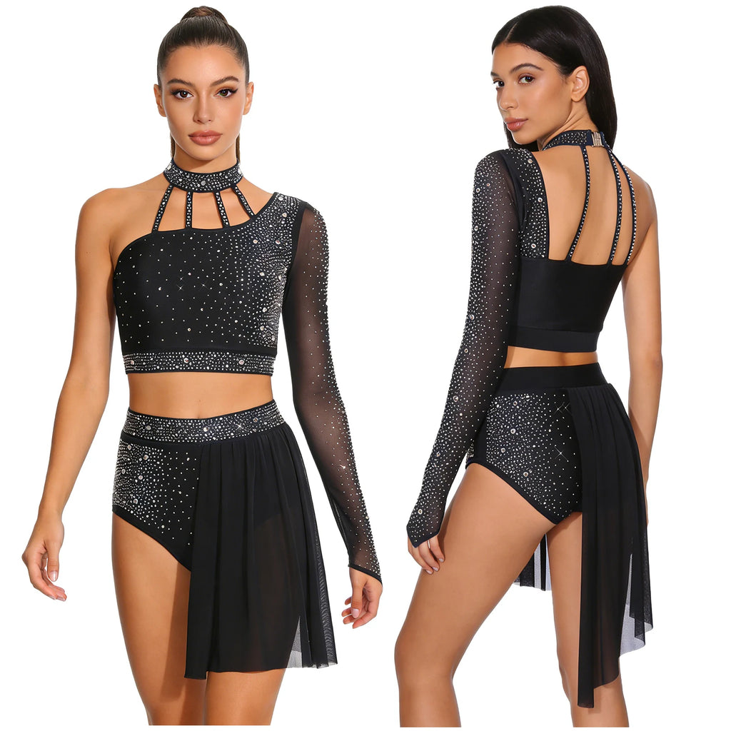 Latin Dance Set | Rhinestone Crop Top & Shorts | Asymmetrical