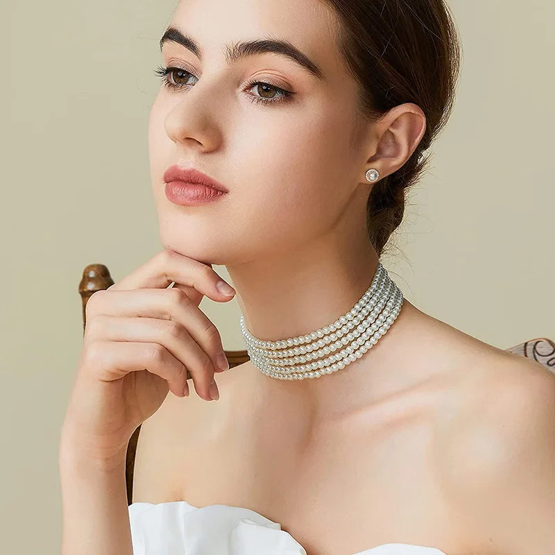 Pearl Collar Choker | Layered Rows | White
