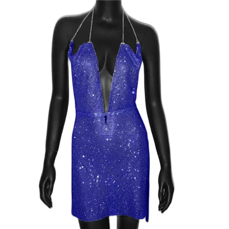 Sparkly Rhinestone Backless Halter Mini Dress - Metal Chain Party Dress