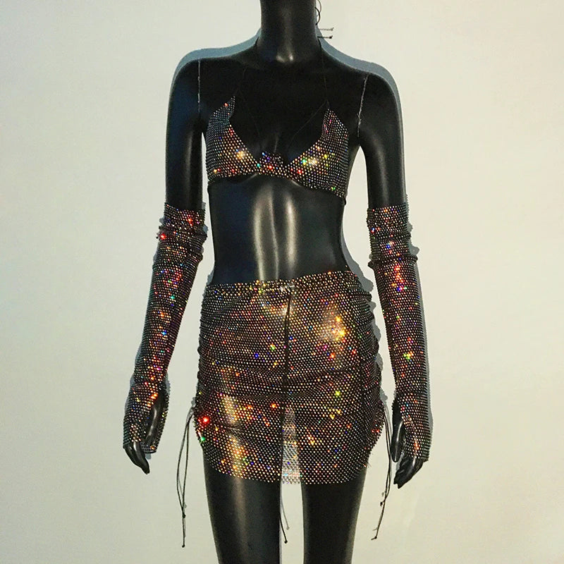 Rhinestone 3-Piece Festival Set - Sheer Crop Top, Mini Skirt & Sleeves