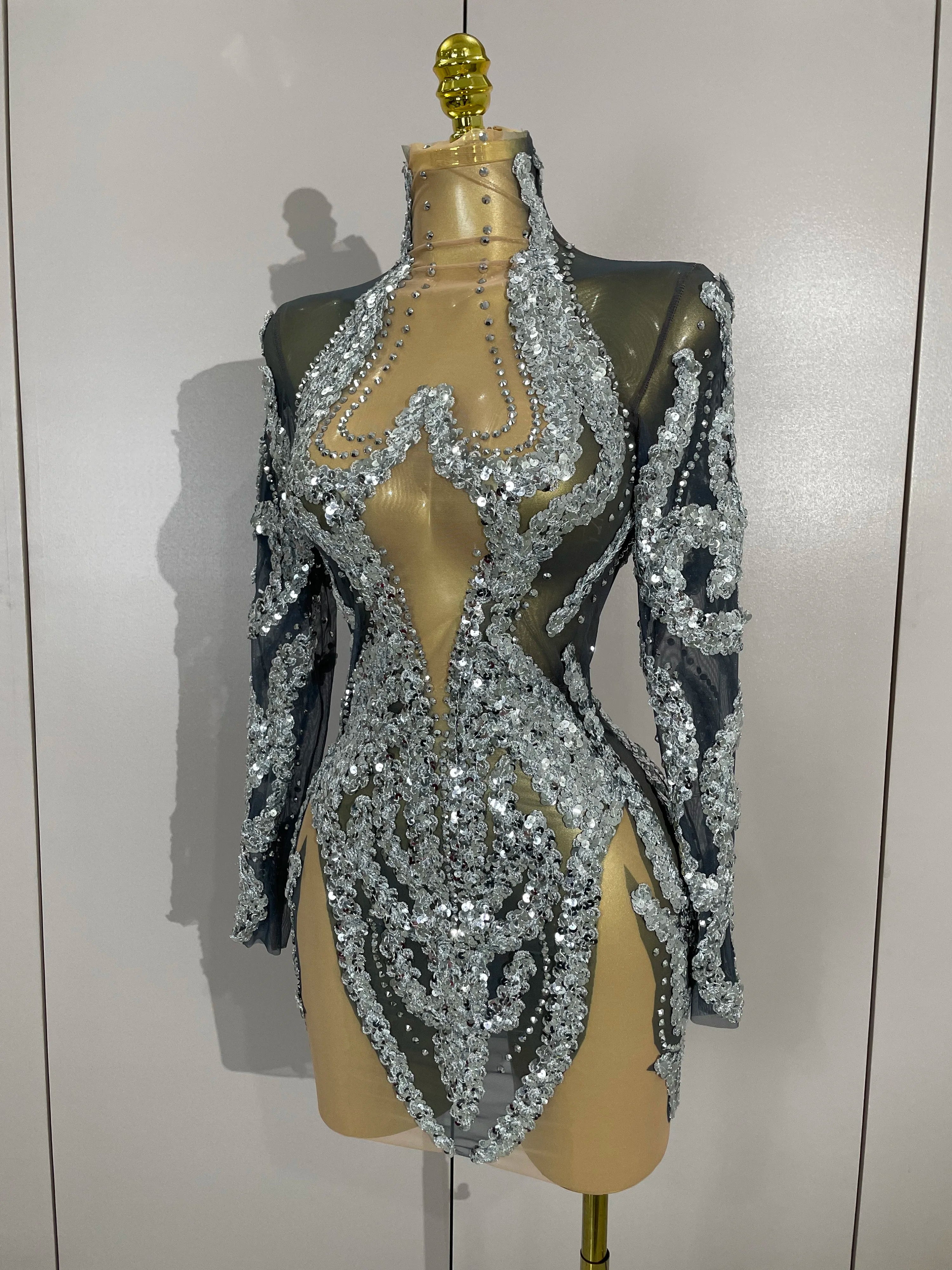 Rhinestone Mesh Long Sleeve Mini Dress | Sparkle | Stage