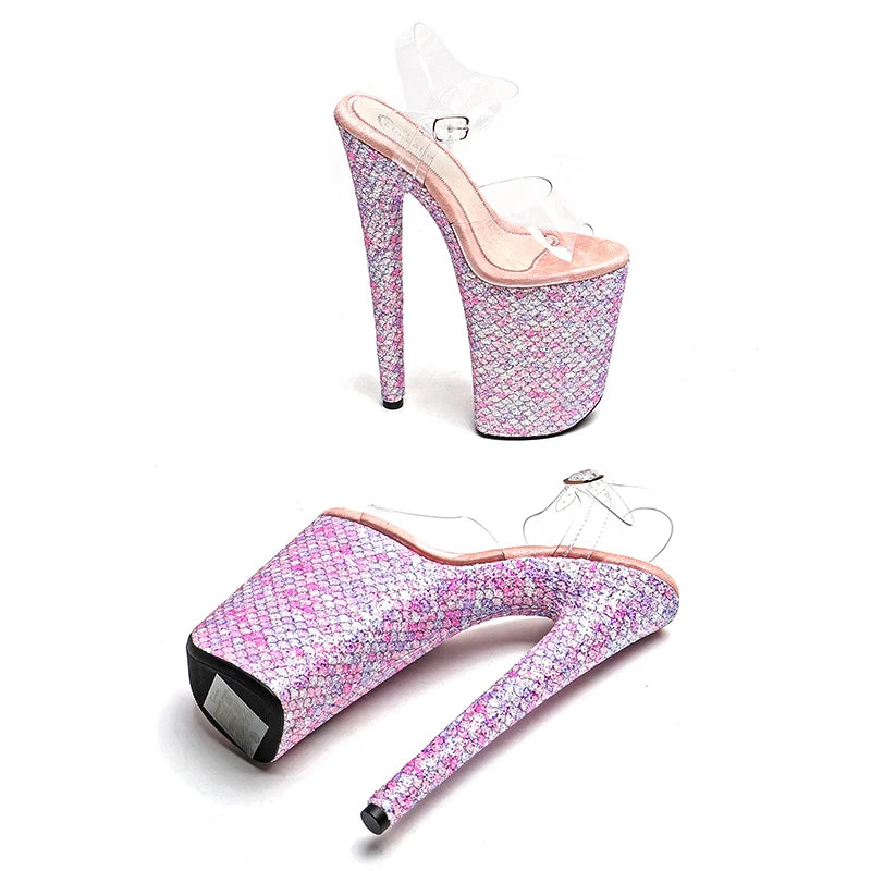 23cm Clear Glitter Platform Sandals - High Heel Dance Shoes