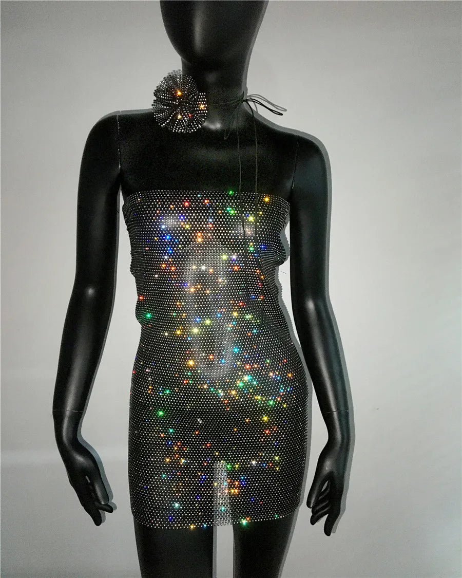 Rhinestone Strapless Mini Dress with Flower Choker - Sheer Party Dress