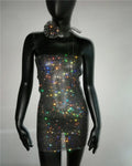Rhinestone Strapless Mini Dress with Flower Choker - Sheer Party Dress