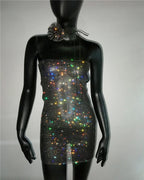Rhinestone Strapless Mini Dress with Flower Choker - Sheer Party Dress
