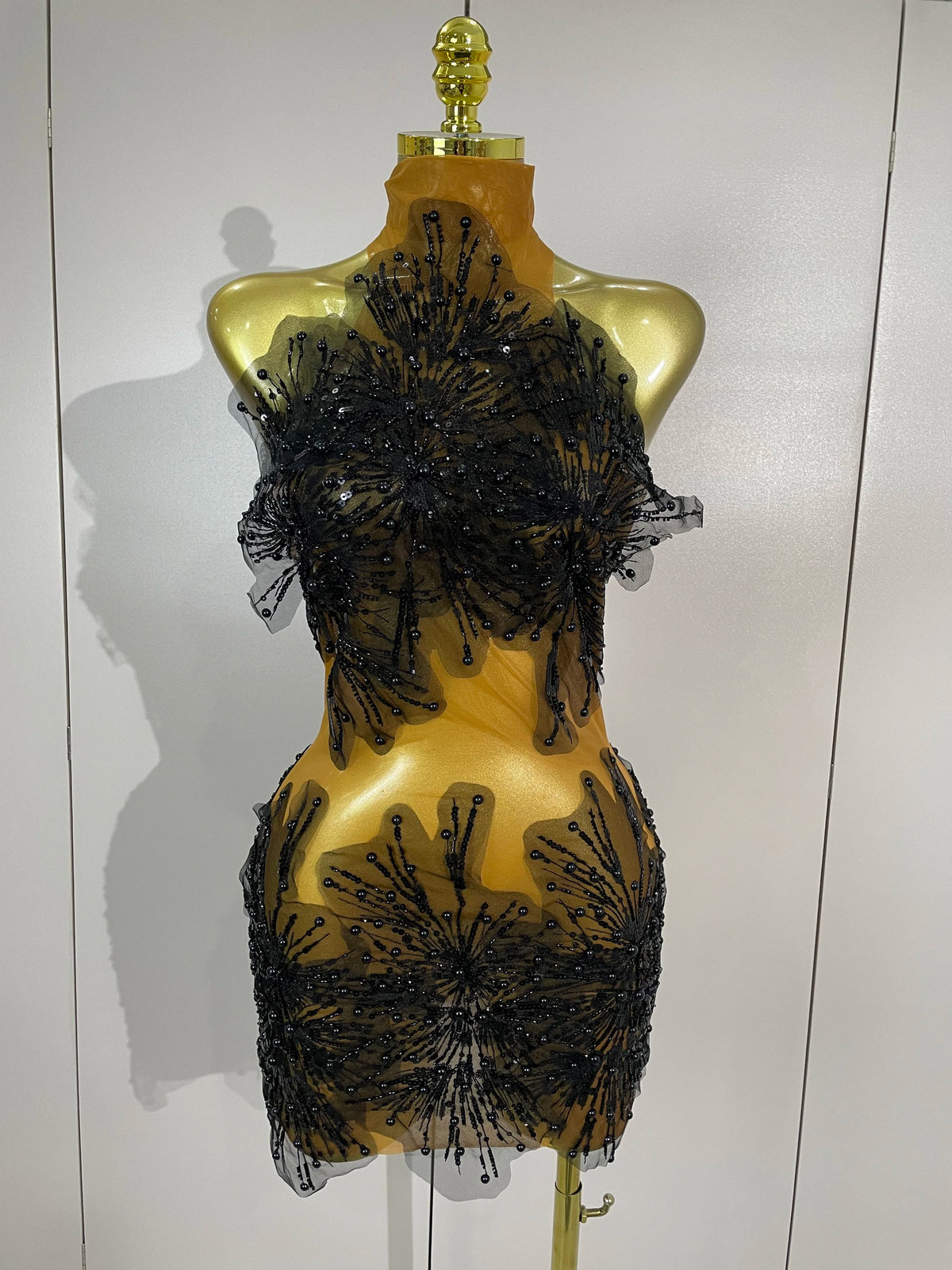 Pearl Starburst Mesh Mini Dress | 3D Appliqué | Stage & Performance