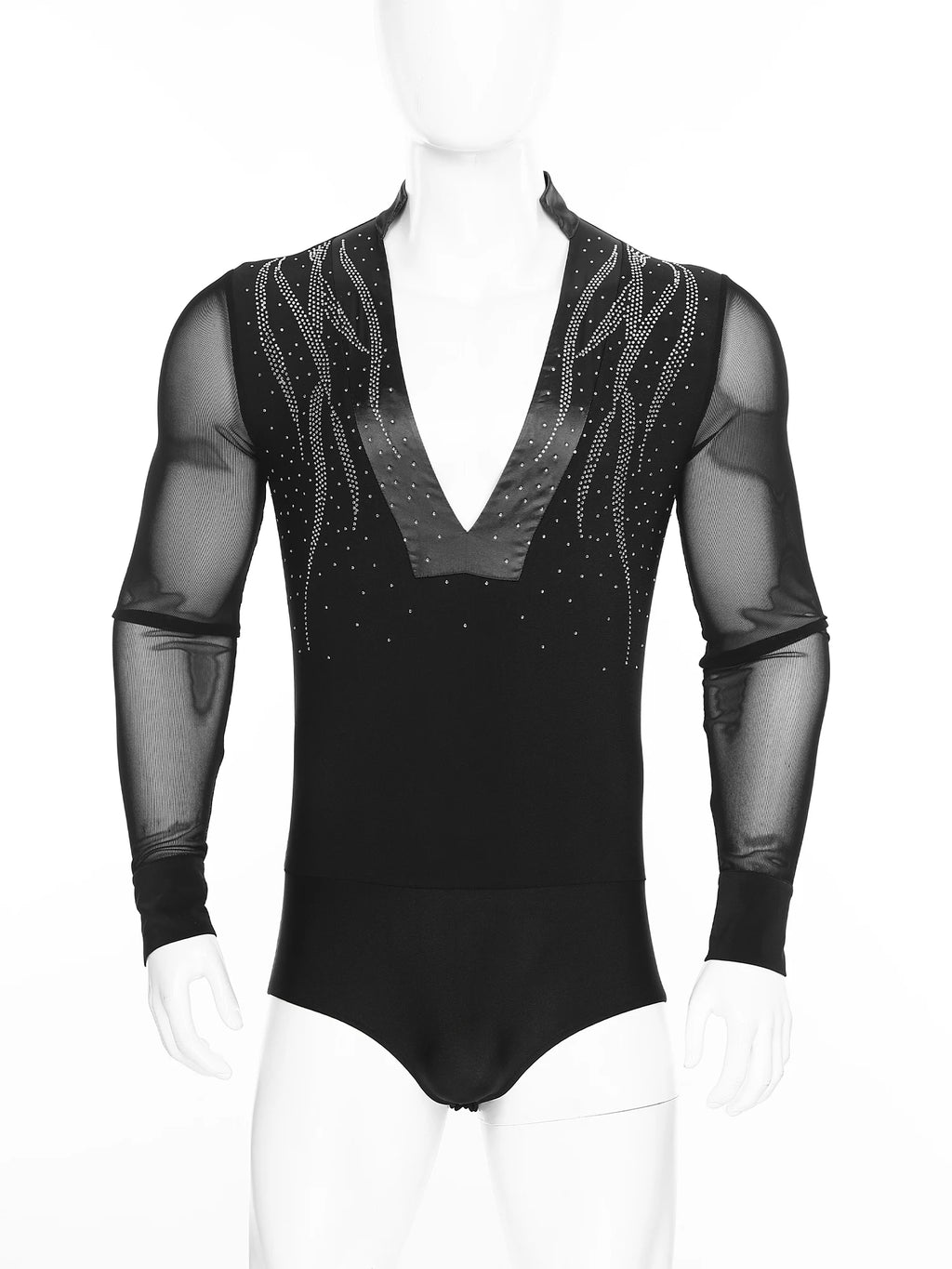 Men's Sheer Mesh Long Sleeve Bodysuit | Deep V Rhinestone | Latin Ballroom Dance