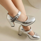 Shiny Mary Jane Platform Pumps | Buckle Strap | 8.5cm Square Heel | EU 32–48