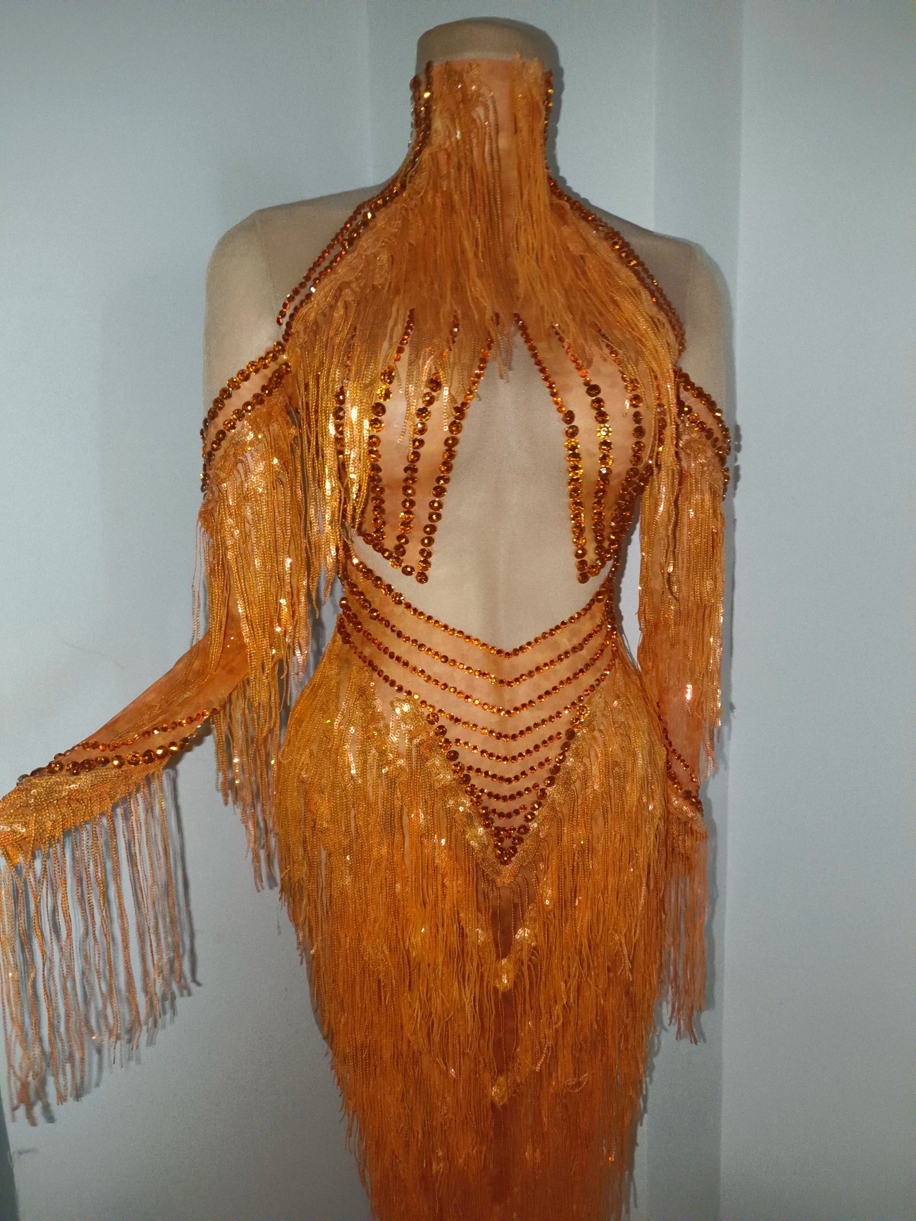 Orange Rhinestone Chain Tassel Sleeve Mesh Gown | Stage