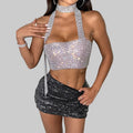 Rhinestone Halter Neck Crop Top - Backless Bandage Party Camisole
