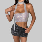 Rhinestone Halter Neck Crop Top - Backless Bandage Party Camisole