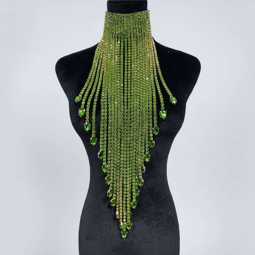 Rhinestone Choker Necklace - Long Tassel Crystal Statement Necklace