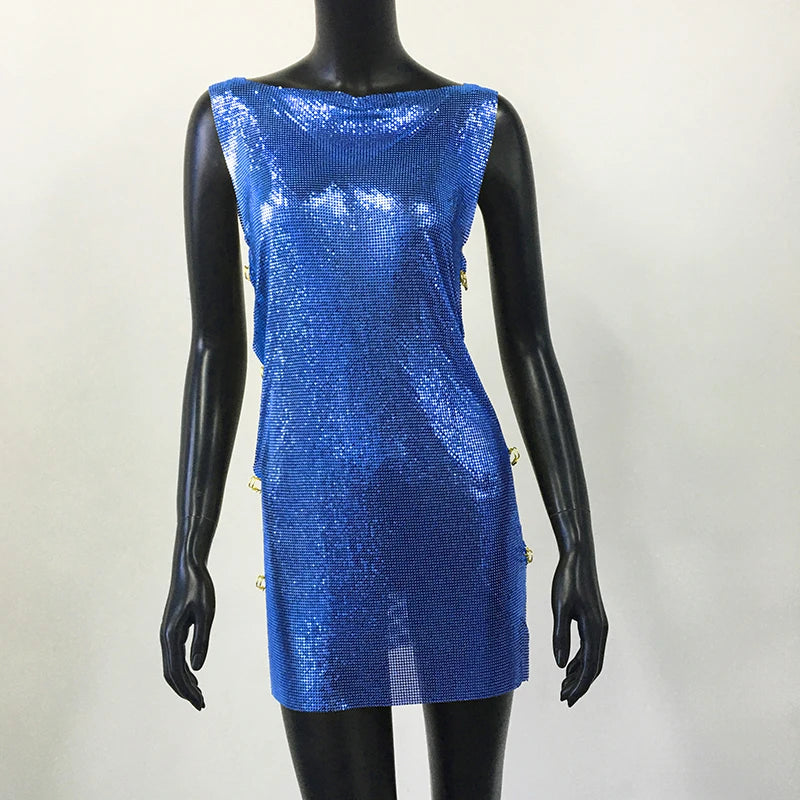 Metallic Sequin Mini Dress - Backless Sheer Party Dress
