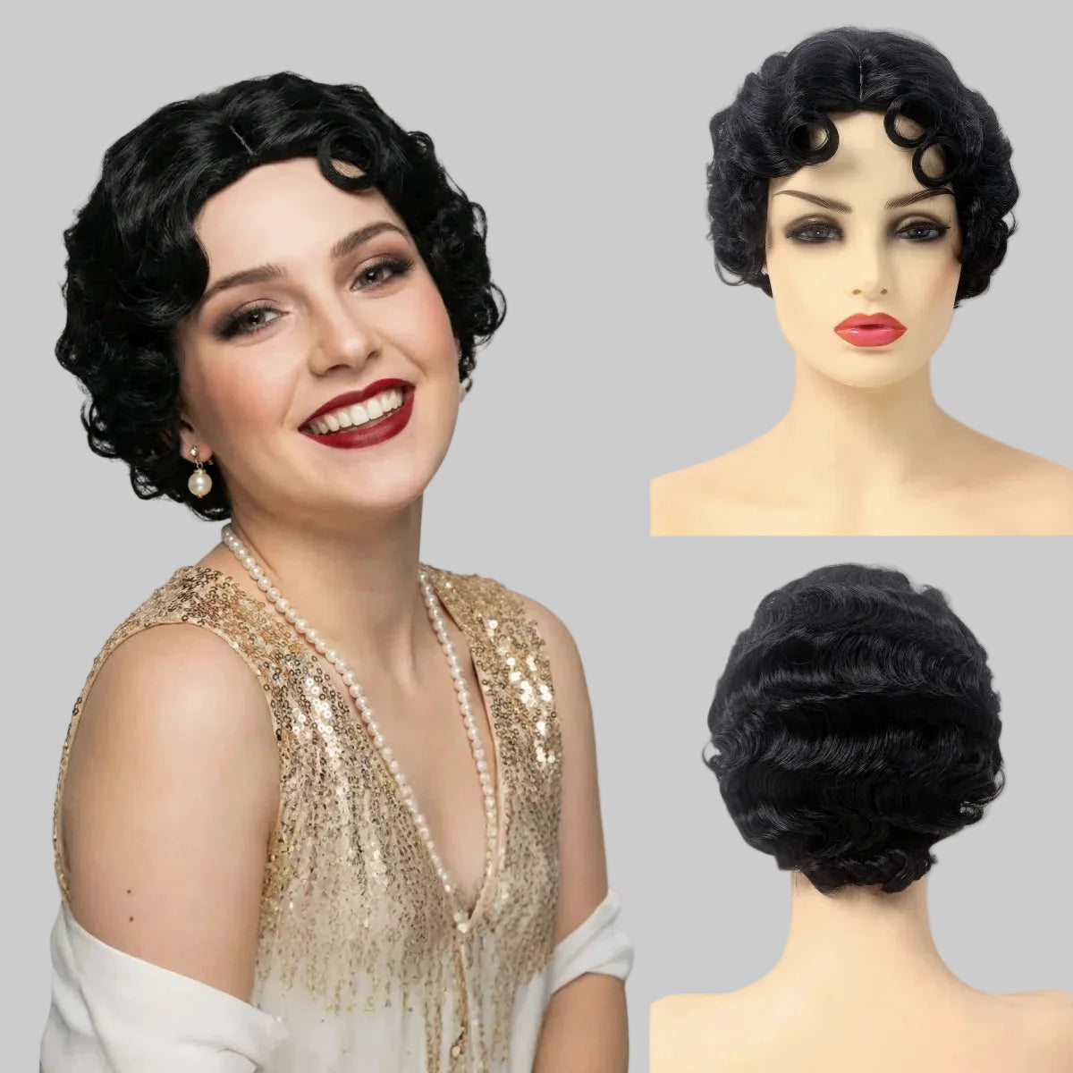 Elegant 1920s Finger Wave Wig - Short Curly Flapper Wig with Oblique Bangs (12 Inches)