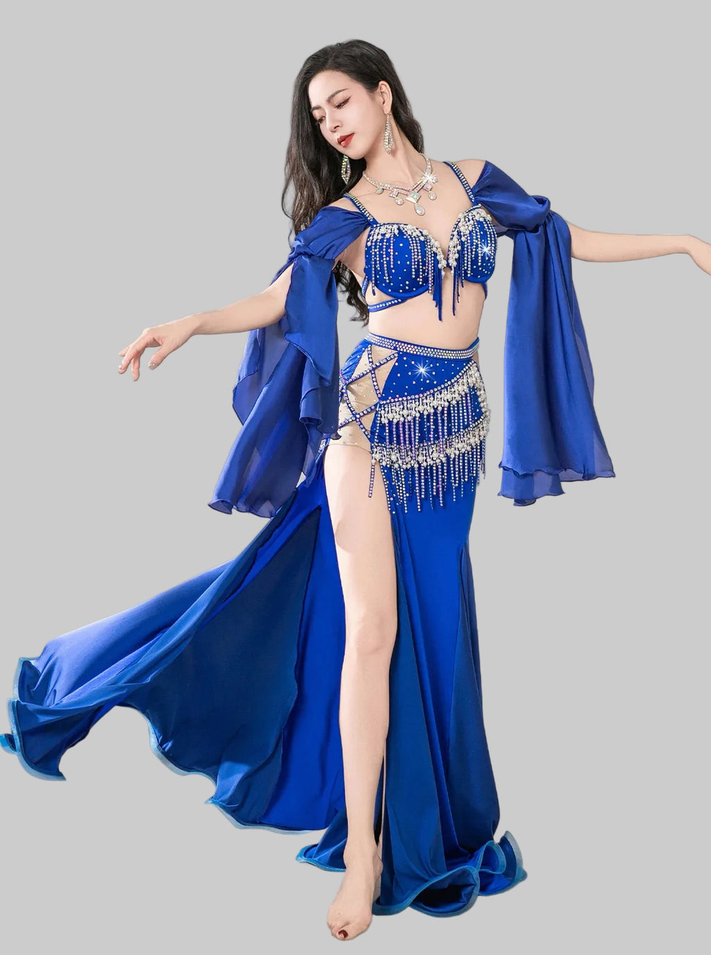 Egyptian Belly Dance Costume - Crystal Beaded Bra, Skirt & Sleeves Set