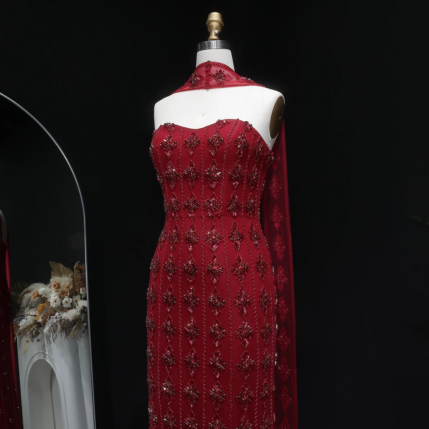 Crystal Beaded Mermaid Gown | Strapless | Scarf Overlay