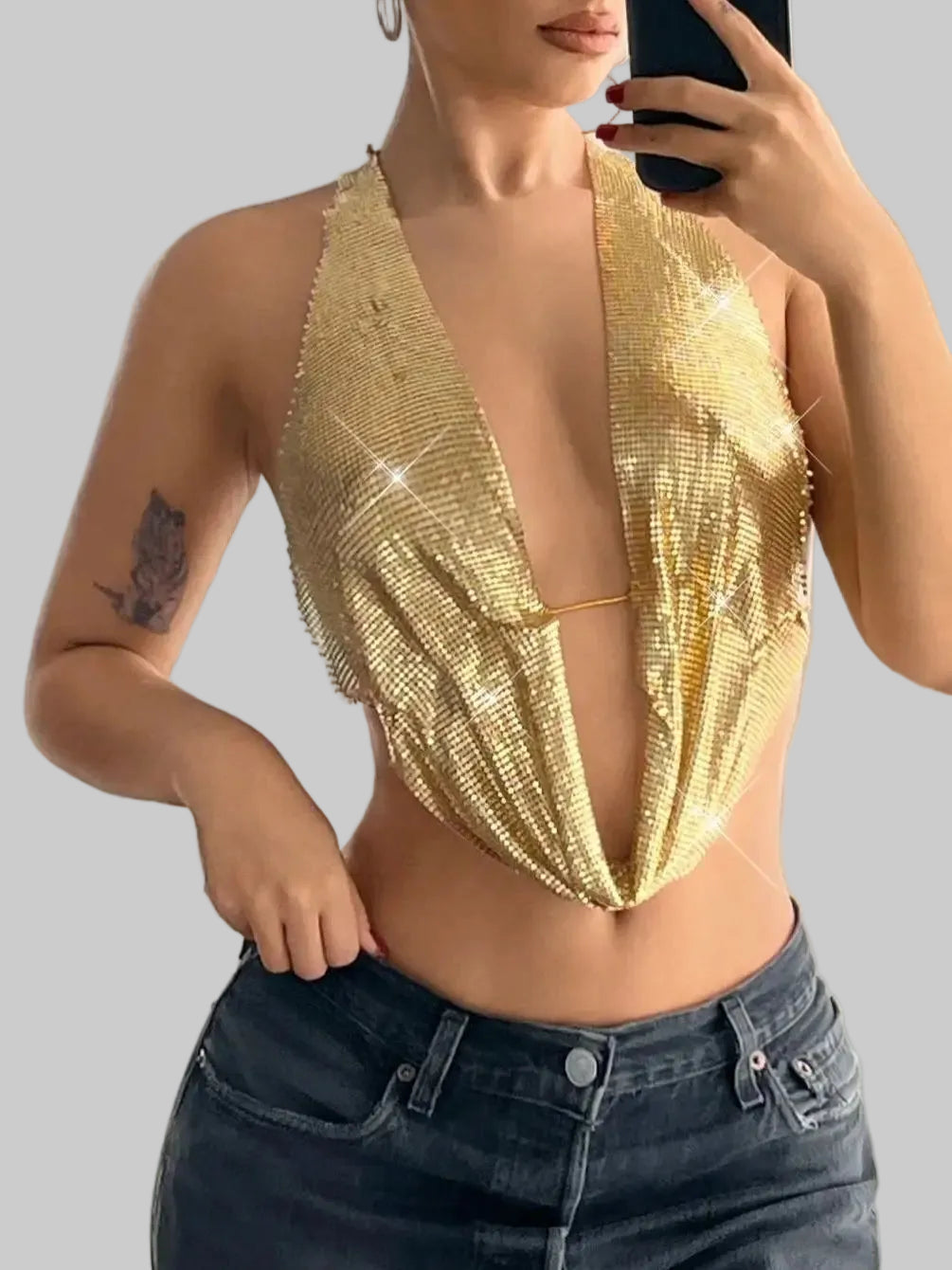 Sequin Halter Backless Camisole - Deep V Neck Crop Top