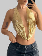 Sequin Halter Backless Camisole - Deep V Neck Crop Top