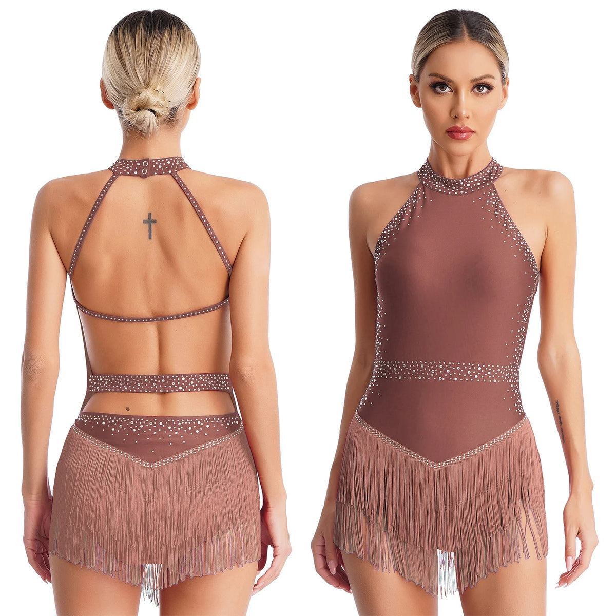 Midnight Fringe Rhinestone Latin Leotard