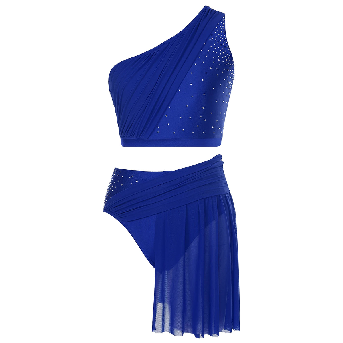 One Shoulder Rhinestone Dance Set | Crop Top & Skirted Brief