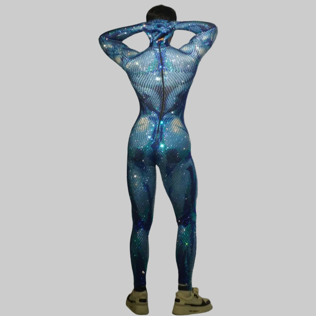 Men's Rhinestone Jumpsuit - Full-Body Sparkly Bodycon Suit for DJ & Stage Performers