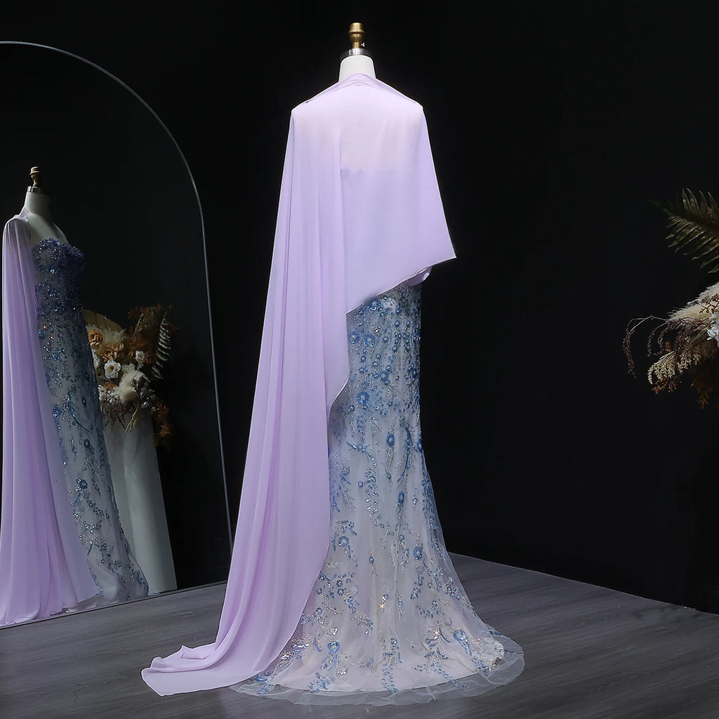 Beaded Lilac Mermaid Gown | Floral Appliqué Cape | Strapless