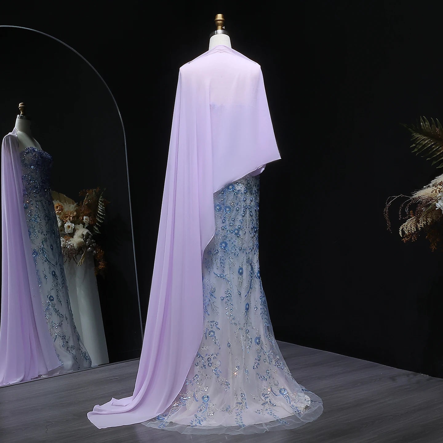Beaded Lilac Mermaid Gown | Floral Appliqué Cape | Strapless