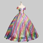 Rainbow Sequin Ball Gown | Off-Shoulder | Floor-Length