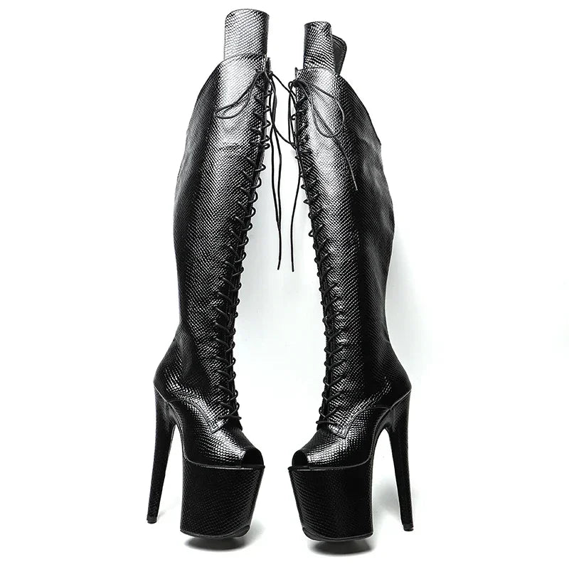 Snake Print Open-Toe Thigh-High Platform Boot – 8 Inch Stage & Pole Dance